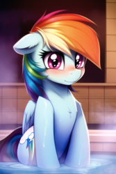 Size: 512x768 | Tagged: safe, imported from derpibooru, rainbow dash, pegasus, pony, ai content, ai generated, blushing, embarrassed, female, generator:novelai, generator:stable diffusion, hot tub, mare, solo, steam, wet