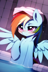 Size: 512x768 | Tagged: safe, imported from derpibooru, rainbow dash, pegasus, pony, ai content, ai generated, bedroom eyes, blushing, chest fluff, female, generator:novelai, generator:stable diffusion, hot tub, lidded eyes, mare, solo, spread wings, towel, towel on head, wet, wings
