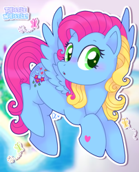 Size: 2087x2579 | Tagged: safe, artist:anscathmarcach, artist:daylightsketch, imported from derpibooru, thistle whistle, butterfly, pegasus, butterfly island, female, flying, g3, g3 to g4, g4, generation leap, looking at you, mare, solo, sunny scent pony