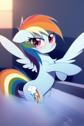 Size: 512x768 | Tagged: safe, imported from derpibooru, rainbow dash, pegasus, pony, ai content, ai generated, bipedal, blushing, chest fluff, female, generator:novelai, generator:stable diffusion, hot tub, looking at you, mare, solo, spread wings, wings