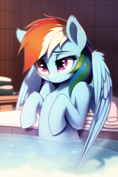 Size: 512x768 | Tagged: safe, imported from derpibooru, rainbow dash, pegasus, pony, ai content, ai generated, blushing, chest fluff, female, generator:novelai, generator:stable diffusion, hot tub, lidded eyes, mare, shoulder fluff, sitting, solo, towel, water
