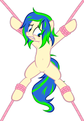 Size: 3304x4750 | Tagged: safe, artist:equestria secret guard, imported from derpibooru, oc, oc only, oc:ravebounce, earth pony, pony, armpits, bed, belly button, bondage, earth pony oc, featureless crotch, female, helpless, lying down, mare, rope, rope bondage, sexy, show accurate, simple background, solo, spread eagle, spread legs, spreading, tied up, transparent background