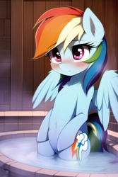 Size: 512x768 | Tagged: safe, imported from derpibooru, rainbow dash, pegasus, pony, ai content, ai generated, belly button, bipedal, blushing, chest fluff, cute, female, generator:novelai, generator:stable diffusion, hot tub, legs in the water, mare, solo, spread wings, water, wings