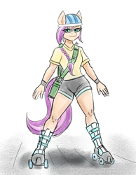 Size: 1400x1800 | Tagged: safe, artist:zachc, imported from derpibooru, sunny starscout, anthro, clothes, female, g5, helmet, looking at you, roller skates, shirt, shorts, simple background, solo, white background