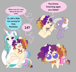 Size: 2546x2390 | Tagged: safe, artist:aztrial, imported from derpibooru, princess celestia, oc, oc:evening glow, oc:limelight sugarplum, alicorn, classical unicorn, earth pony, pony, unicorn, autism creature, bowtie, clothes, cloven hooves, colored hooves, facial markings, female, filly, flower, flower in hair, foal, freckles, gray background, jewelry, leonine tail, looking at each other, looking at someone, magical lesbian spawn, necklace, offspring, parent:babs seed, parent:cheerilee, parent:princess celestia, parent:silver spoon, parents:babspoon, parents:cheerilestia, simple background, skirt, speech bubble, sweat, sweatdrop, tbh creature, text, tooth gap, tutu, unshorn fetlocks, yippee