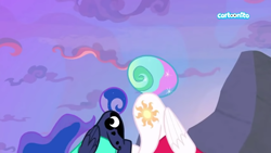 Size: 1366x768 | Tagged: safe, imported from derpibooru, screencap, princess celestia, princess luna, alicorn, pony, between dark and dawn, ass up, butt, cartoonito logo, duo, duo focus, ethereal mane, evening, face down ass up, female, folded wings, i watch it for the plot, logo, majestic as fuck, mare, moonbutt, out of context, plot, praise the moon, praise the sun, royal sisters, siblings, sisters, sunbutt, tail, tail bun, wings