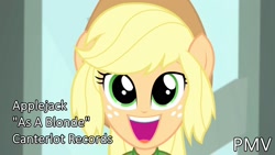 Size: 1920x1080 | Tagged: safe, edit, edited screencap, imported from derpibooru, screencap, applejack, human, equestria girls, friendship games, legend of everfree, rainbow rocks, bass guitar, blonde, looking at you, musical instrument, open mouth, open smile, pmv, rock, smiling, smiling at you, solo, spanish, youtube link