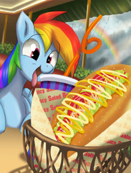 Size: 2480x3257 | Tagged: safe, artist:neoshrek, imported from derpibooru, rainbow dash, pegasus, pony, drink, female, food, mare, open mouth, open smile, rain, rainbow, smiling, solo, tongue out