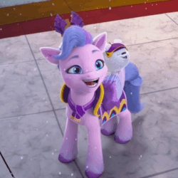 Size: 600x600 | Tagged: safe, imported from derpibooru, screencap, queen haven, dog, pegasus, pomeranian, pony, spoiler:g5, spoiler:winter wishday, adorahaven, animated, blue eyes, clothes, cloudbetes, cloudpuff, cropped, cute, excited, female, flying pomeranian, g5, gif, happy, i watch it for the ears, mare, my little pony: make your mark, my little pony: make your mark chapter 3, snow, snowfall, spread wings, tippy taps, winged dog, wings, winter outfit, winter wishday