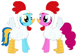 Size: 523x366 | Tagged: safe, artist:heil ric, imported from derpibooru, pinkie pie, oc, oc:general mumble, bird, chicken, earth pony, pony, animal costume, chicken pie, chicken suit, clothes, costume, duo, female, looking at each other, looking at someone, mare, nightmare night costume, simple background, smiling, transparent background, youtube link