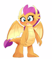 Size: 3000x3400 | Tagged: safe, artist:leo19969525, imported from derpibooru, smolder, dragon, blue eyes, blushing, cute, dragon wings, dragoness, female, horns, open mouth, simple background, smolderbetes, solo, spread wings, tail, white background, wings