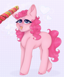 Size: 2000x2400 | Tagged: safe, artist:saltyvity, imported from derpibooru, pinkie pie, earth pony, pony, big eyes, blue eyes, blushing, candy, cute, ear fluff, face licking, fluffy, food, heart, heart eyes, licking, licking lips, lollipop, misleading thumbnail, missing cutie mark, not porn, pink hair, solo, sparkles, tongue out, wingding eyes