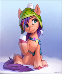 Size: 1203x1448 | Tagged: safe, artist:ramiras, imported from derpibooru, sunny starscout, earth pony, pony, spoiler:g5, spoiler:winter wishday, bag, belly, chest fluff, clothes, coat markings, concave belly, cute, ear fluff, female, g5, hat, hoof hold, leg fluff, looking sideways, mane stripe sunny, mare, my little pony: make your mark, my little pony: make your mark chapter 3, saddle bag, sitting, slim, snow, snowball, snowfall, socks (coat markings), solo, sunnybetes, thin, unshorn fetlocks, winter, winter hat, winter outfit, winter wishday