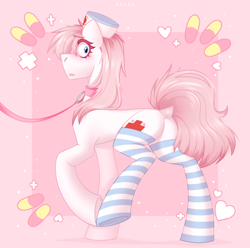 Size: 1010x1000 | Tagged: safe, artist:rtootb, imported from derpibooru, nurse redheart, earth pony, pony, blushing, butt, clothes, collar, confused, dock, embarrassed, female, floating heart, heart, leash, looking at you, looking back, looking back at you, loose hair, medic, pills, plot, raised tail, rear view, simple background, socks, solo, stockings, striped socks, tail, tail aside, thigh highs