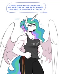 Size: 1042x1292 | Tagged: safe, artist:redxbacon, imported from derpibooru, princess celestia, alicorn, anthro, biceps, breasts, busty princess celestia, cleavage, clothes, dialogue, female, hair bun, implied princess luna, muscles, muscular female, offscreen character, open mouth, panting, pants, princess musclestia, simple background, solo, speech bubble, sweat, sweatpants, tanktop, white background