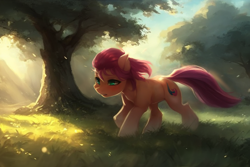 Size: 1536x1024 | Tagged: safe, editor:craft, imported from derpibooru, sunny starscout, earth pony, pony, ai content, ai generated, g5, generator:purplesmart.ai, generator:stable diffusion, my little pony: a new generation, solo, tree