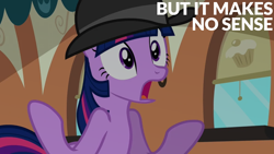 Size: 1280x720 | Tagged: safe, edit, edited screencap, editor:quoterific, imported from derpibooru, screencap, twilight sparkle, pony, unicorn, mmmystery on the friendship express, bowler hat, confused, detective, female, friendship express, hat, locomotive, mare, open mouth, reaction image, shrug, solo, steam locomotive, train, unicorn twilight