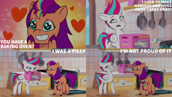 Size: 4400x2475 | Tagged: safe, edit, edited screencap, editor:quoterific, imported from derpibooru, screencap, sunny starscout, zipp storm, earth pony, pegasus, pony, spoiler:g5, spoiler:my little pony: tell your tale, spoiler:tyts01e35, cute, easybake oven, g5, my little pony: tell your tale, oven, panic on harvest & hugs day, sunnybetes