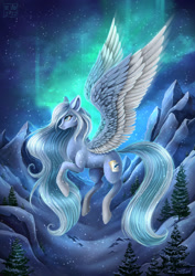 Size: 1280x1811 | Tagged: safe, artist:das_leben, imported from derpibooru, oc, oc only, oc:mour anniette, pegasus, pony, aurora borealis, coat markings, colored wings, female, flying, mare, pegasus oc, snow, snowfall, socks (coat markings), solo, tail, tree, two toned mane, two toned tail, two toned wings, wings