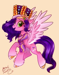 Size: 1074x1368 | Tagged: safe, artist:petaltwinkle, imported from derpibooru, pipp petals, pegasus, pony, spoiler:g5, spoiler:winter wishday, adorapipp, alternate design, backwards cutie mark, clothes, colored wings, cute, eyebrows, female, g5, hat, jewelry, looking at you, mare, my little pony: make your mark, my little pony: make your mark chapter 3, open mouth, open smile, raised hoof, scarf, signature, simple background, slim, smiling, smiling at you, solo, spread wings, thin, tiara, two toned wings, wings, winter hat, winter wishday, yellow background