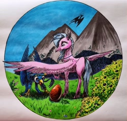 Size: 2891x2735 | Tagged: safe, artist:cahandariella, imported from derpibooru, gallus, silverstream, classical hippogriff, dragon, griffon, hippogriff, blueberry, egg, female, food, gallstream, implied smolder, inktober, large wings, male, mountain, mountain range, parent:smolder, shipping, simple background, straight, traditional art, wings