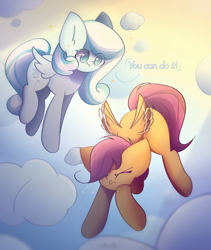 Size: 1900x2250 | Tagged: safe, artist:miryelis, imported from derpibooru, scootaloo, oc, oc:snowdrop, pegasus, pony, cloud, flying, full body, scootaloo can fly, simple background, smiling, text, wings