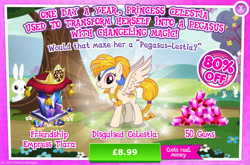 Size: 1964x1298 | Tagged: safe, idw, imported from derpibooru, golden feather, princess celestia, pegasus, pony, rabbit, advertisement, animal, braid, braided tail, costs real money, crystal, disguise, english, female, gameloft, gem, idw showified, jewelry, mare, my little pony: magic princess, numbers, official, pillow, sale, solo, solo focus, spread wings, tail, text, tiara, wings