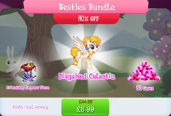 Size: 1270x856 | Tagged: safe, idw, imported from derpibooru, golden feather, princess celestia, pegasus, pony, rabbit, animal, braid, braided tail, bundle, costs real money, crystal, disguise, english, female, gameloft, gem, idw showified, jewelry, mare, my little pony: magic princess, numbers, official, pillow, sale, solo, solo focus, spread wings, tail, text, tiara, wings