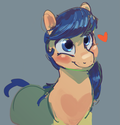 Size: 1827x1906 | Tagged: safe, artist:alumx, imported from derpibooru, earth pony, pony, background pony, blue eyes, blue mane, blushing, bust, cute, female, g5, heart, lookie uppie, mare, portrait, smiling, solo