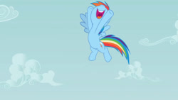 Size: 3072x1727 | Tagged: safe, imported from derpibooru, screencap, rainbow dash, pegasus, pony, season 2, the mysterious mare do well, cloud, female, flying, high res, looking up, mare, nose in the air, open mouth, open smile, sky, smiling, solo, spread wings, volumetric mouth, wings