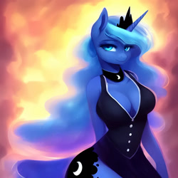 Size: 1536x1536 | Tagged: safe, editor:nightluna, imported from derpibooru, princess luna, anthro, abstract background, ai content, ai generated, breasts, cleavage, clothes, collar, crown, eyebrows, eyelashes, female, generator:purplesmart.ai, generator:stable diffusion, jewelry, looking at you, prompter:nightluna, regalia, smiling, smiling at you, solo, standing