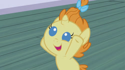 Size: 3072x1727 | Tagged: safe, imported from derpibooru, screencap, pumpkin cake, pony, unicorn, baby cakes, season 2, baby, baby pony, cute, female, filly, foal, high res, open mouth, open smile, pumpkinbetes, smiling, solo