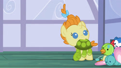 Size: 3072x1727 | Tagged: safe, imported from derpibooru, screencap, pumpkin cake, pony, unicorn, baby cakes, season 2, baby, baby pony, doll, female, filly, foal, high res, mouth hold, solo, toy