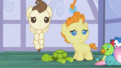 Size: 3072x1727 | Tagged: safe, imported from derpibooru, screencap, pound cake, pumpkin cake, pegasus, pony, unicorn, baby cakes, season 2, baby, baby pony, cake twins, colt, doll, duo, duo male and female, female, filly, flying, foal, frown, high res, male, siblings, spread wings, toy, twins, wings