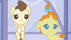 Size: 3072x1727 | Tagged: safe, imported from derpibooru, screencap, pound cake, pumpkin cake, pegasus, pony, unicorn, baby cakes, season 2, baby, baby pony, cake twins, colt, duo, duo male and female, female, filly, floppy ears, flying, foal, frown, high res, male, siblings, spread wings, twins, wings