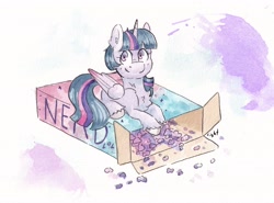 Size: 4096x3035 | Tagged: safe, artist:lightisanasshole, imported from derpibooru, twilight sparkle, alicorn, pony, box, candy, chest fluff, food, smiling, solo, twilight sparkle (alicorn)