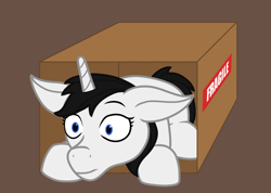 Size: 1481x1052 | Tagged: safe, artist:maître cervidé, imported from derpibooru, pony, unicorn, box, commission, pony in a box, simple background, solo, ych result, your character here
