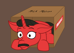 Size: 1481x1052 | Tagged: safe, artist:maître cervidé, imported from derpibooru, pony, unicorn, box, commission, facial hair, moustache, pony in a box, simple background, solo, ych result, your character here