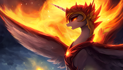 Size: 2464x1408 | Tagged: safe, editor:mr-bat, imported from derpibooru, daybreaker, alicorn, pony, abstract background, ai content, ai generated, chestplate, dark sky, fire, generator:stable diffusion, helmet, mane of fire, open mouth, painted, solo, spread wings, wallpaper, white body, wings