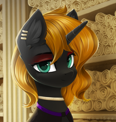 Size: 1900x2000 | Tagged: safe, artist:inowiseei, imported from derpibooru, oc, oc only, oc:melting point, pony, unicorn, bust, ear fluff, ear piercing, earring, eyeshadow, female, horn, jewelry, library, looking at you, makeup, mare, piercing, portrait, scroll, solo, unicorn oc