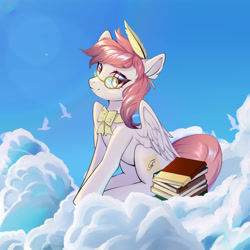 Size: 3000x3000 | Tagged: safe, artist:myriadstar, imported from derpibooru, oc, oc only, oc:芳棠, pegasus, pony, book, bowtie, cloud, female, glasses, mare, quill, solo