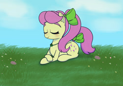 Size: 2048x1444 | Tagged: safe, artist:suryfromheaven, imported from derpibooru, earth pony, pony, adoraposey, calm, cute, eyes closed, female, g5, grass, grass field, lying down, mare, my little pony: a new generation, my little pony: tell your tale, posey bloom, relaxing, ribbon, sleeping, sleepy, smiling, solo, wind