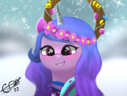 Size: 3200x2400 | Tagged: safe, artist:cobaltskies002, imported from derpibooru, izzy moonbow, pony, unicorn, spoiler:g5, spoiler:winter wishday, bust, clothes, female, g5, headdress, my little pony: make your mark, my little pony: make your mark chapter 3, portrait, scarf, snow, snowfall, two toned mane, winter wishday