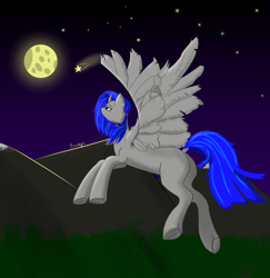 Size: 4000x4120 | Tagged: safe, artist:tombays, imported from derpibooru, oc, oc:karite, alicorn, pony, alicorn oc, curved horn, full body, full moon, horn, moon, mountain, night, shooting star, signature, wings