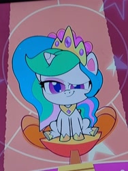 Size: 3468x4624 | Tagged: safe, imported from derpibooru, screencap, princess celestia, alicorn, pony, my little pony: pony life, princess probz, crown, female, g4.5, hoof shoes, jewelry, mare, peytral, photo, picture of a screen, regalia, sitting, solo, upscaled