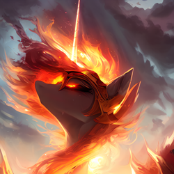 Size: 1408x1408 | Tagged: safe, editor:mr-bat, imported from derpibooru, daybreaker, alicorn, pony, ai content, ai generated, cloud, crown, dark clouds, fire, generator:stable diffusion, horn, jewelry, looking up, mane of fire, painted, regalia, smoke, solo, sun
