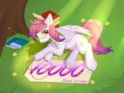 Size: 4000x3000 | Tagged: safe, artist:myriadstar, imported from derpibooru, oc, oc only, oc:芳棠, pegasus, pony, book, female, glasses, grass, grass field, looking at you, lying down, mare, quill, solo