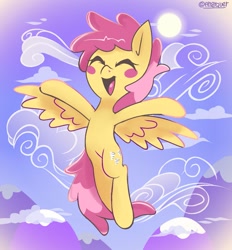 Size: 1289x1390 | Tagged: safe, artist:anarquer, imported from derpibooru, dizzy twister, orange swirl, pegasus, pony, :d, background pony, blush sticker, blushing, cloud, eyes closed, female, flying, happy, mare, mountain, open mouth, open smile, sky, smiling, solo, spread arms, spread wings, sun, wings