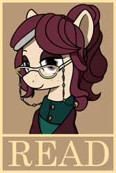 Size: 1100x1650 | Tagged: safe, artist:alexi148, imported from derpibooru, oc, oc only, oc:isadora inkwell, earth pony, pony, clothes, eyeshadow, female, freckles, glasses, librarian, lidded eyes, looking at you, makeup, mare, poster, read, solo