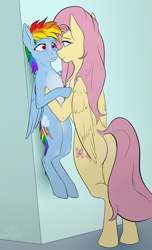 Size: 2178x3588 | Tagged: safe, alternate version, artist:fluffyorbiter, derpibooru exclusive, imported from derpibooru, fluttershy, rainbow dash, pegasus, pony, against wall, anticipation, bedroom eyes, butt, chest fluff, dock, duo, duo female, female, flutterbutt, flutterdash, flutterdom, height difference, holding a pony, lesbian, lifting, lifting ponies, looking at each other, looking at someone, mare, meme, pale belly, plot, ponified meme, shipping, simple background, size difference, smoldash, surprised, tail, tallershy, wings